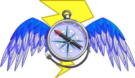 Logo of a compass with wings and a lightning bolt.